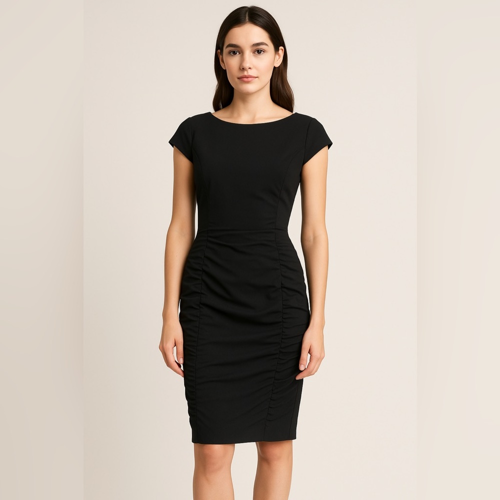 Adrianna Papell Ruched Cap Sleeve Sheath Dress Black Size 8